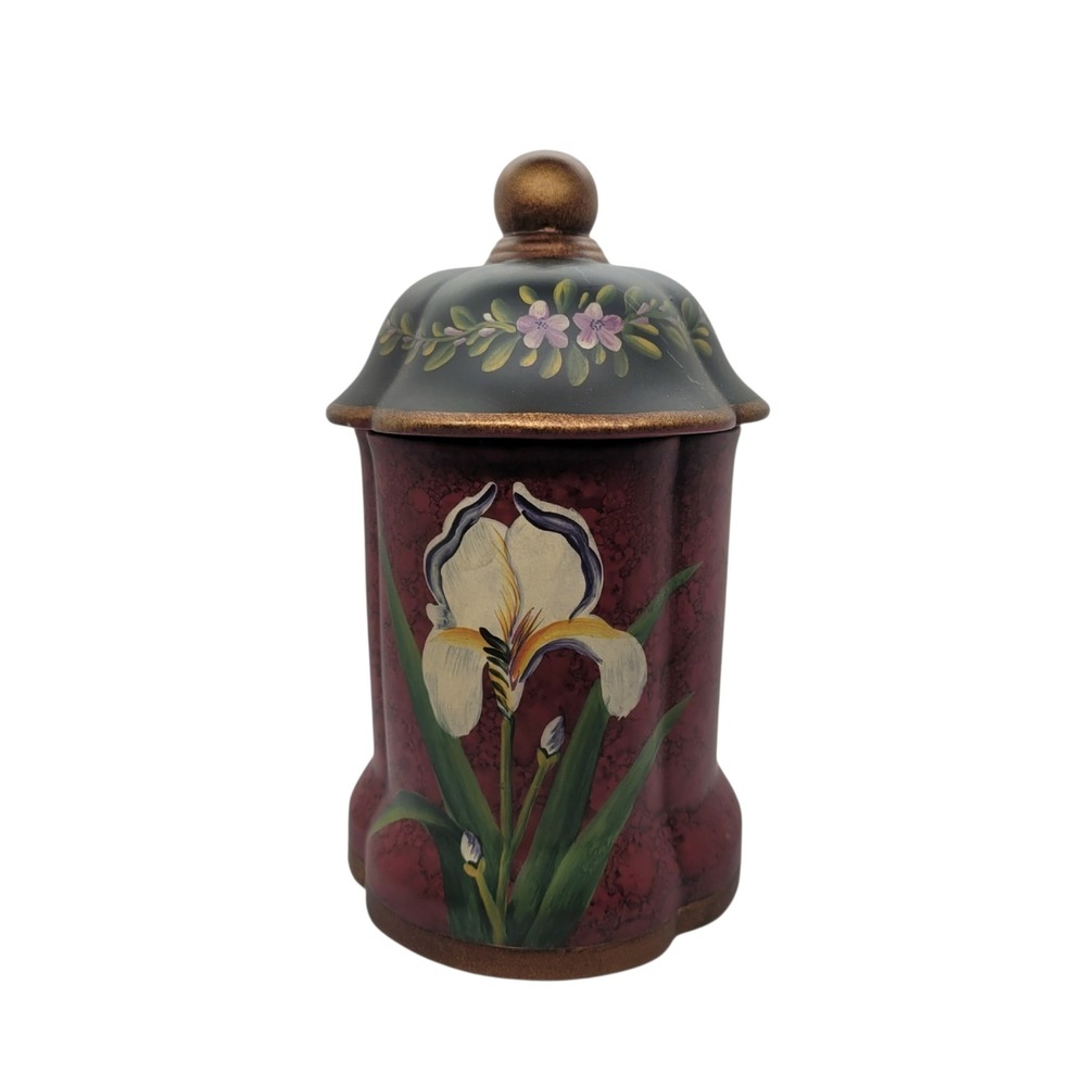 Vintage Hand Painted Iris Ceramic Canister Burgundy Red Black Gold Floral Jar